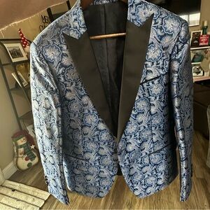 Statement Italy blue silver paisley hand made slim blazer suit jacket men's 40 S